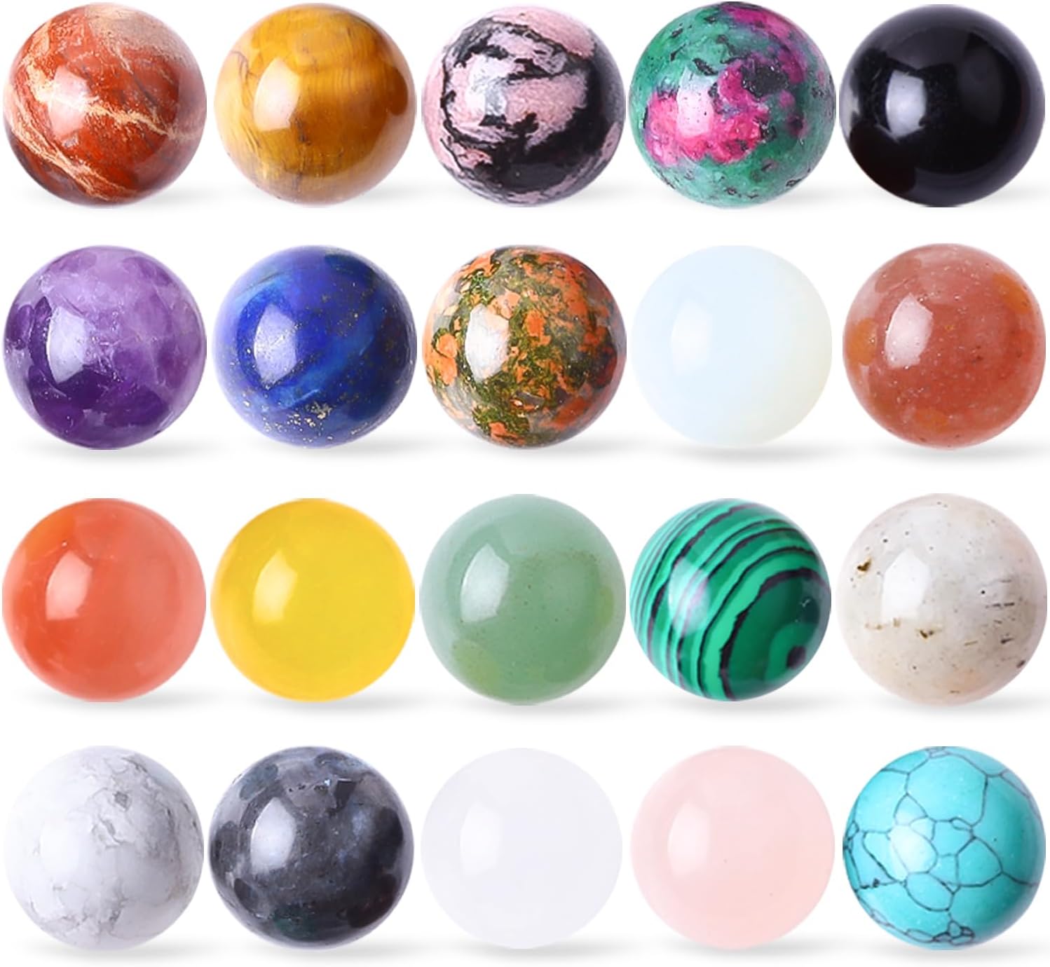 20Pcs Gemstone Sphere Balls 16mm Polished Crystal Sphere Ball Cute Mini Pocket Sphere Gemstones Worry Stones for Meditation, Decoration, Energy Balancing