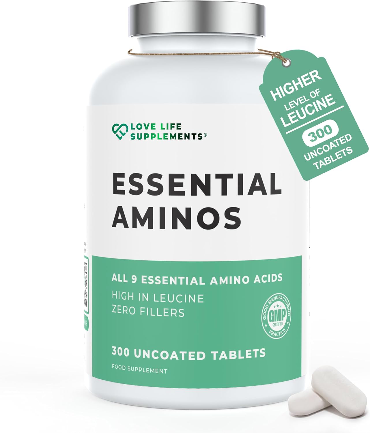 Love Life Supplements Essential Amino Acids, Full Spectrum EAA & BCAA Tablets for Muscle Recovery, 300 Vegan Pills (60 Servings), High Strength Free Form Supplement with Leucine, UK Made