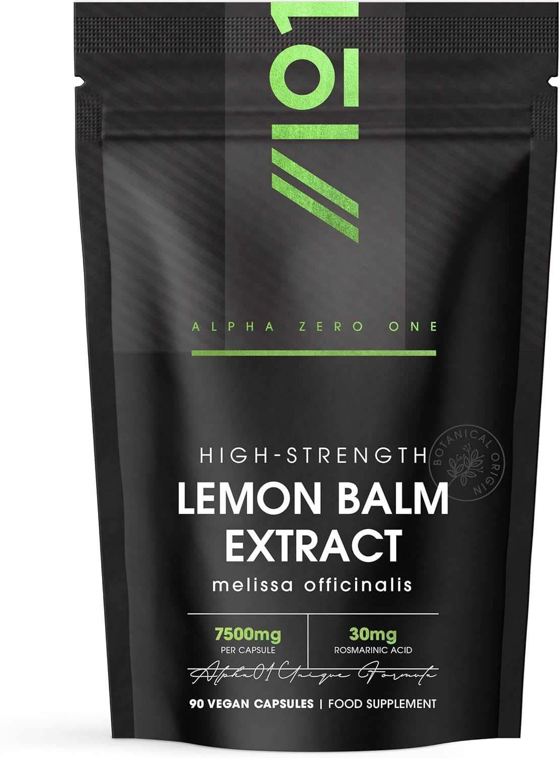 Lemon Balm Extract 7500mg - Standardised 30mg Rosmarinic Acid Supplement - 90 Vegan Capsules (3 Months Supply) - Resealable and Recyclable Pouch by Alpha01