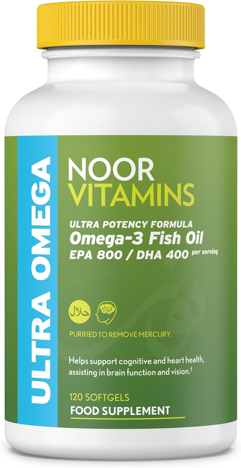 Halal Fish Oil, Halal Vitamins, Fish Oil Halal by Noor Vitamins, Ultra Omega 3 Wild Peruvian Fish Oil (800 mg EPA & 400 mg DHA) Heart, Brain & Joint Support, Non-GMO & Gluten Free (120 Count)