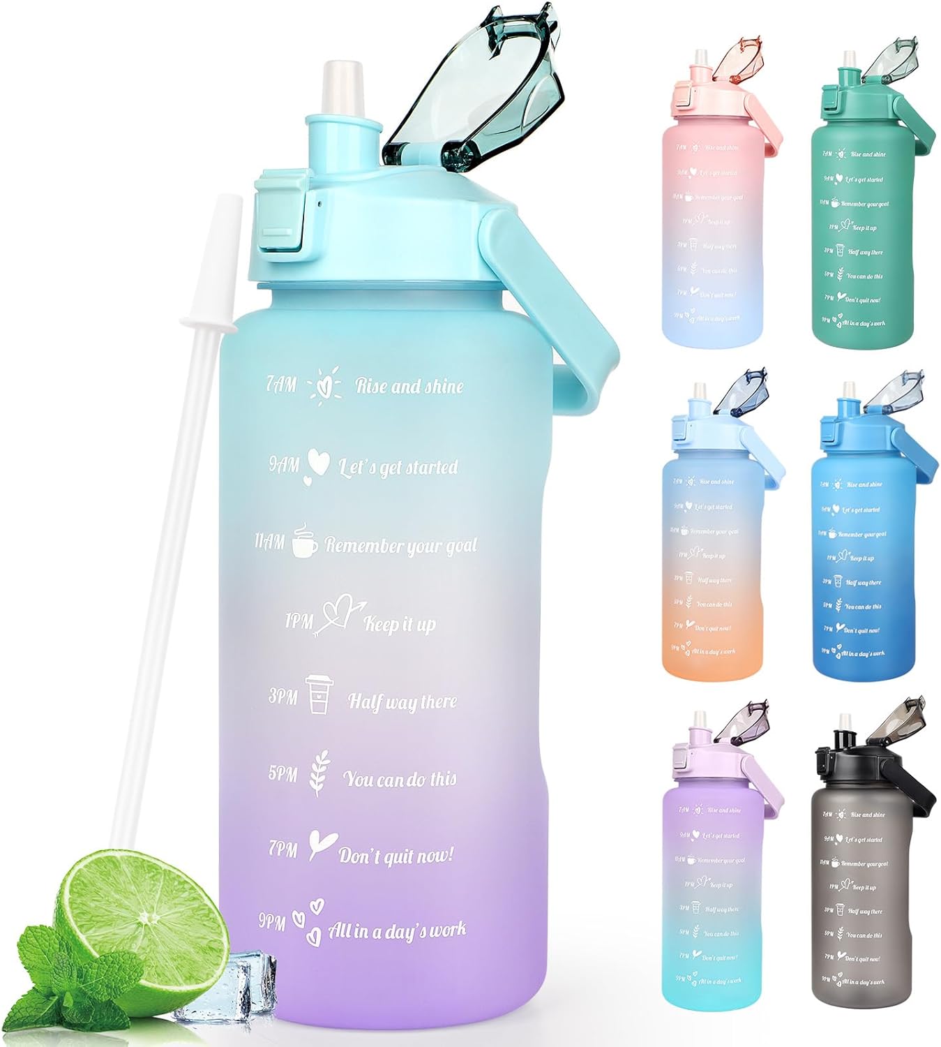 Water Bottle 2L BPA Free Sport Drinks Jug with Time Marking & Lock Cover, Leak Proof 2 Liters Water Bottle with Portable Handle, Green Water Canteen Bottle