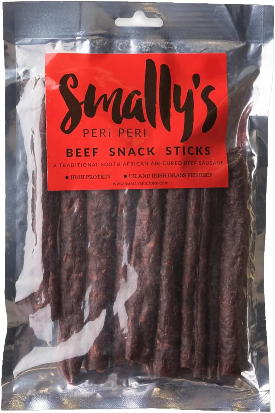 Smally's Biltong - Beef Snack Sticks, Peri Peri Flavour Droewors, High Protein Beef Snack, Traditional South African Air Cured Beef Sausage - 250g Pack