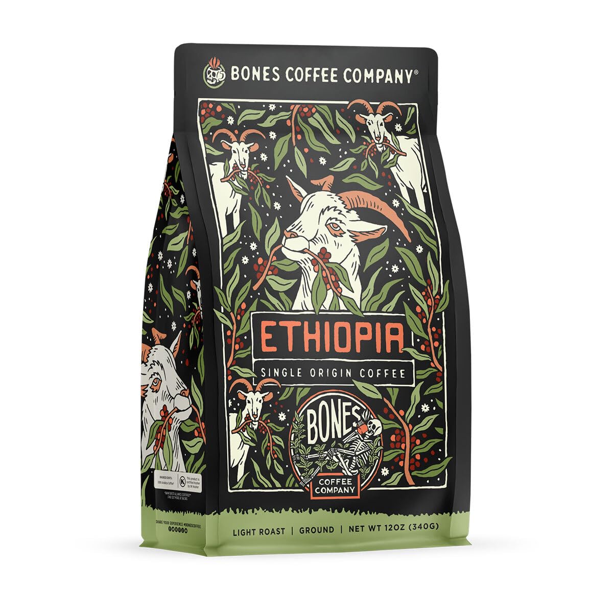 Bones Coffee Company Ethiopia Single-Origin Coffee Citrus, Floral and Berries Notes, Medium Roast Gourmet Coffee, 12 Oz Ground