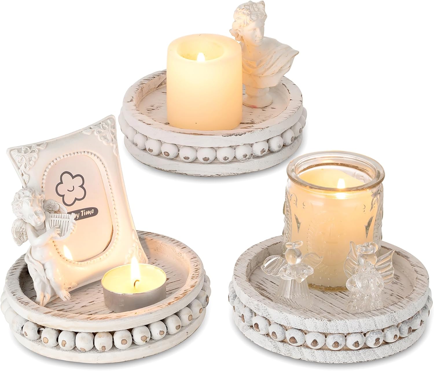 Hanobe Wood Plate Candle Holder: Small Candle Plate Set of 3 Decorative White Washed Beaded Candle Tray Round Candle Stick Holders Farmhouse Table Centerpiece for Fireplace Dining Room Home Decor