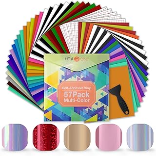 HTVRONT Permanent Vinyl for All Cricut Machine- 57 Pack 12" x 12" Bundle, 52 Adhensive Vinyl Sheets and 5 Transfer Tape Sets for Party Decoration, Stiker