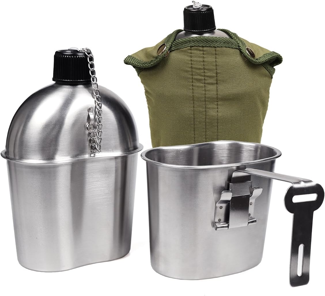 Goetland Stainless Steel WWII US Army Canteen Water Bottler Military Canteen Kit 1QT with 0.5QT Cup Nylon Pouch G.I.