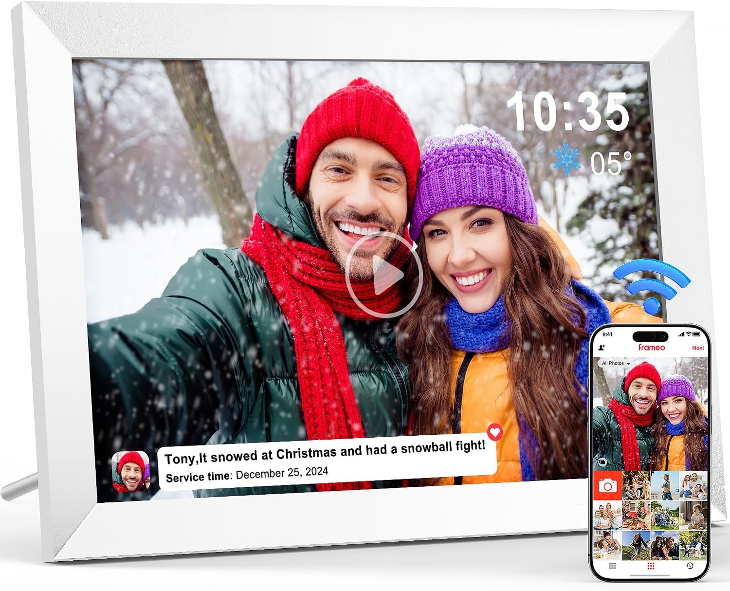 Digital Photo Frame WiFi 10.1 Inch, 1280 x 800 IPS LCD Touchscreen Smart Digital Picture Frame Built in 32GB Memory, Auto-Rotate Electronic Photo Frame, Share Photos/Videos via Frameo（White）