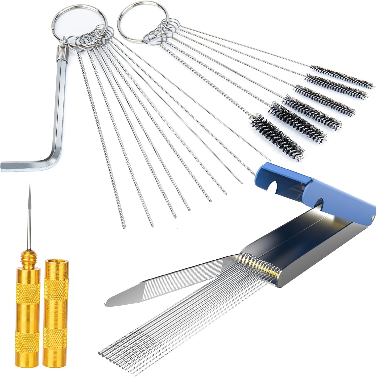 Carburetor Cleaning Kit, Premium Gun Jet Cleaner, Stainless Steel 13 Clean Line Set, 9 Cleaning Needles, 6 Nylon Brushes, 1 Pointed Picks,1 Throttle Wrench