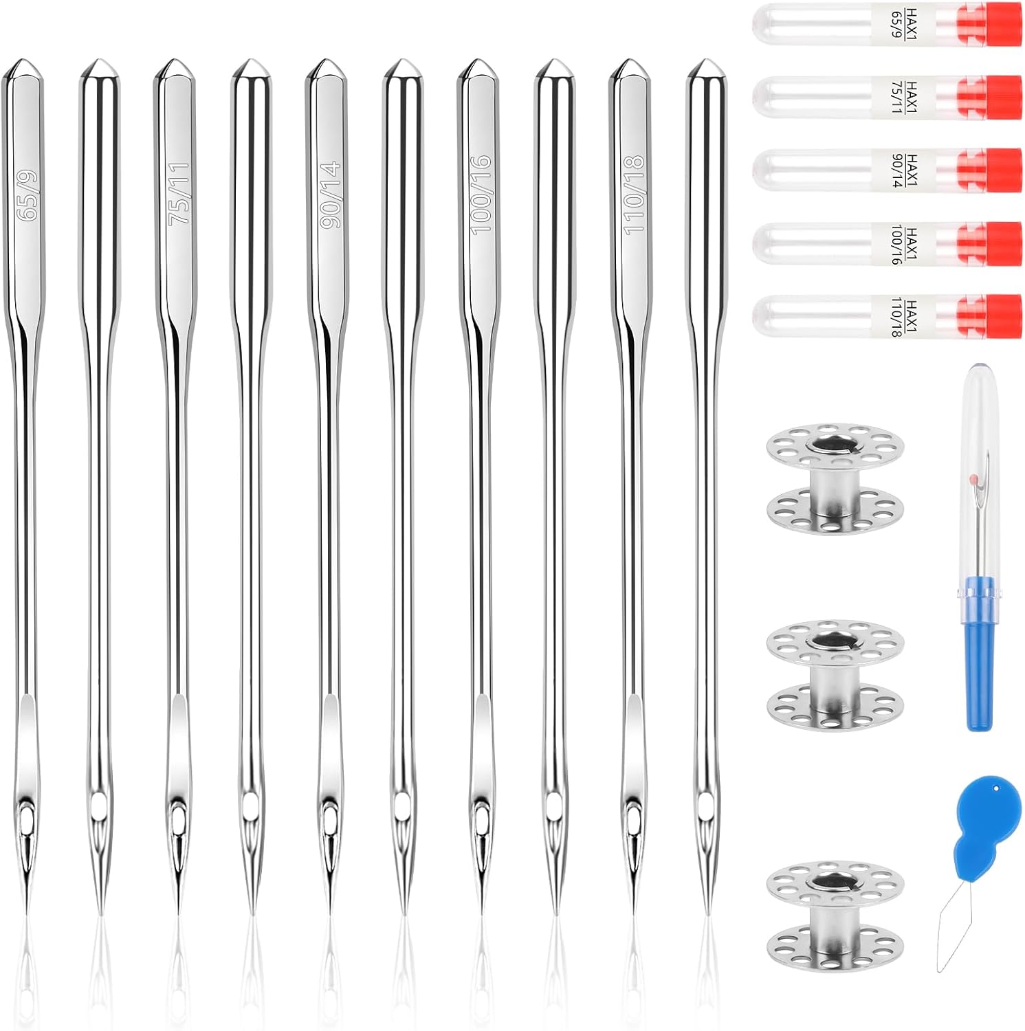 Hoiny 100 Pcs Universal Sewing Machine Needles, 5 Size Needles with Bobbin, Needle Threader, Ripper, Compatible with Singer Brother Janome (HAX1 65/9,75/11,90/14,100/16,110/18)