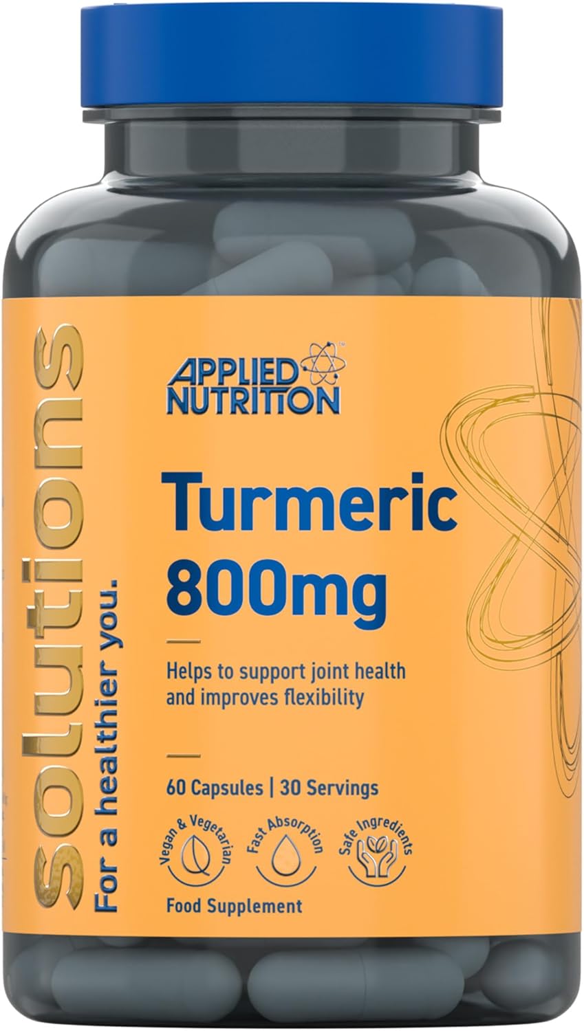 Applied Nutrition - Solutions - Turmeric and Black Pepper Capsules - 800mg Turmeric with 5% Curcuminoids & 95% Piperine, Enhanced Absorption, Halal, Supports Joint Health (60 Capsules – 30 Servings)