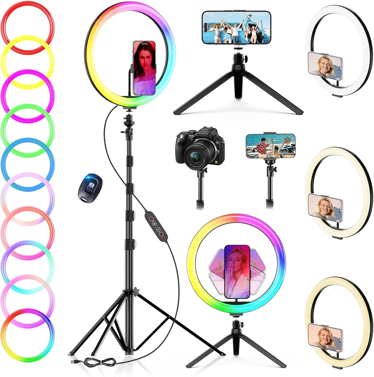 PEYOU 12" Selfie Ring Light with Tripod Stand & Phone Holder Tall 186cm/73", 【Desk Ring Light】 48 RGB Colors, Upgrade 3 in 1 Dimmable Adjustable Speed Ringlight for Tiktok, Makeup, Selfie Photography
