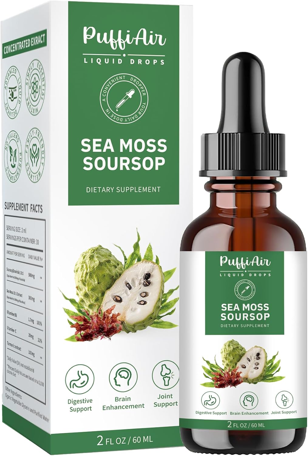 Soursop(Graviola) & Sea Moss Liquid Drop for Cell Support & Regeneration, Immune Boost, Relax, Liver and Sleep, Herbal Extract, Sugar/Gluten Free, Natural Flavor, 2 Fl Oz/60ml