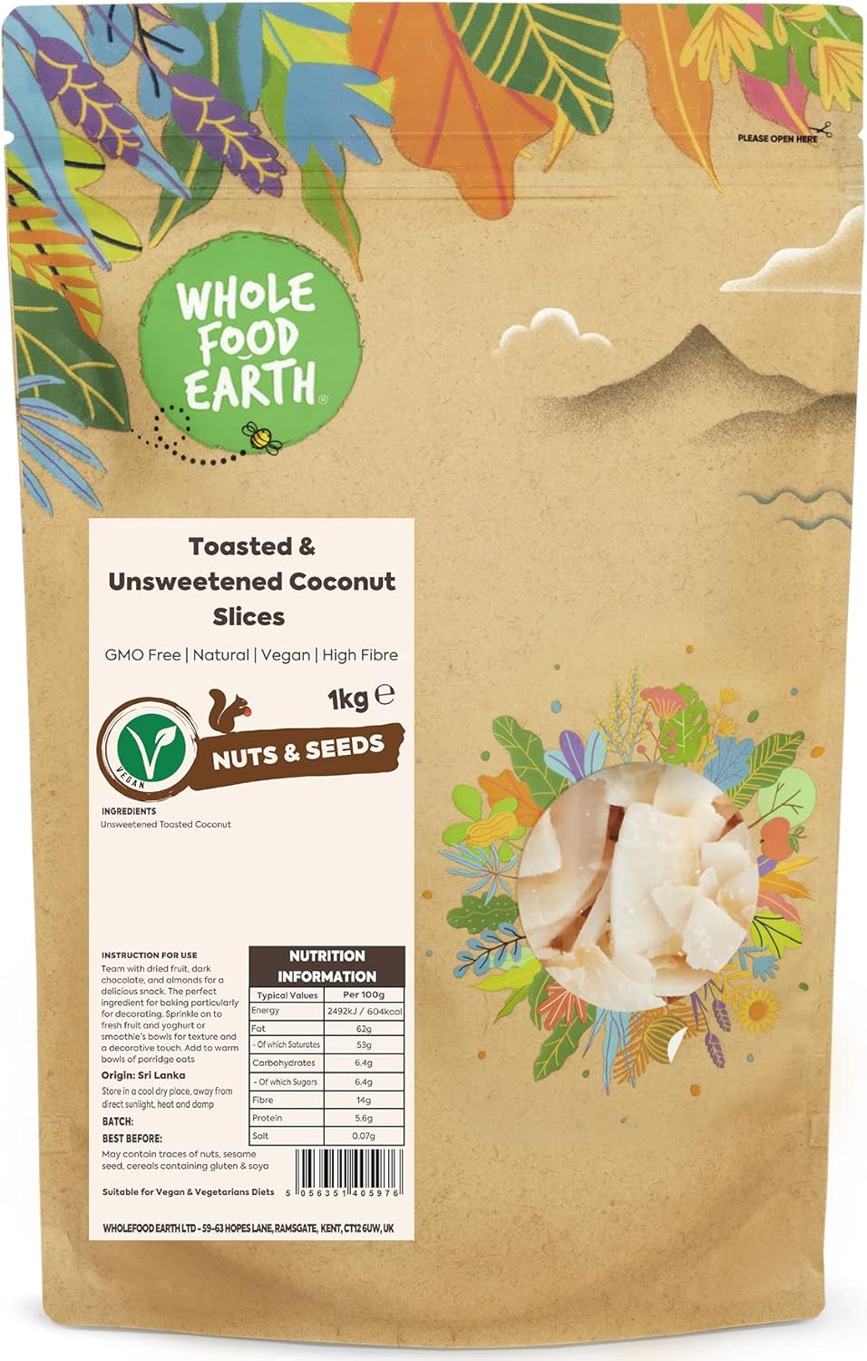 Wholefood Earth Toasted and Unsweetened Coconut Slices 1 kg | GMO Free | Natural | High Fibre