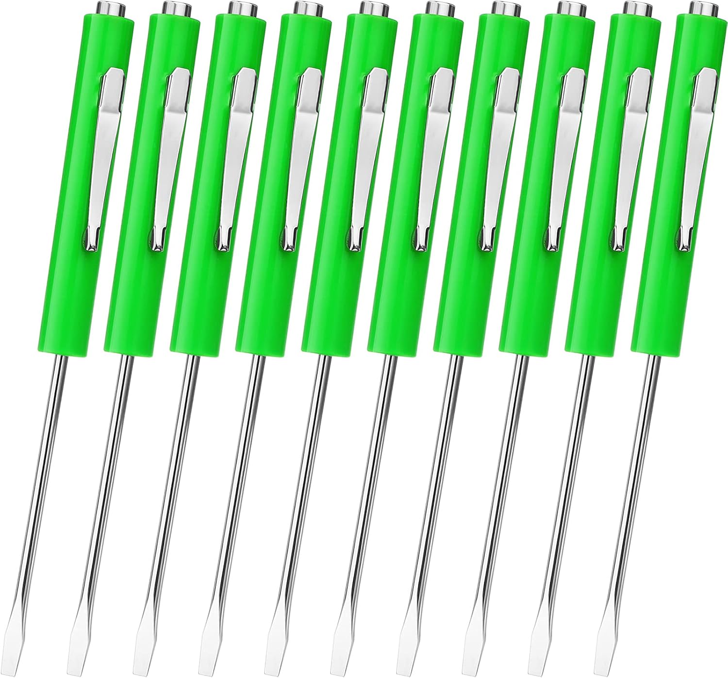 Honoson 10 Pieces Pocket Screwdriver Mini Tops and Pocket Clips Magnetic Slotted Small Screw Driver with a Single Blade Head for Mechanical, Electrician(Green)