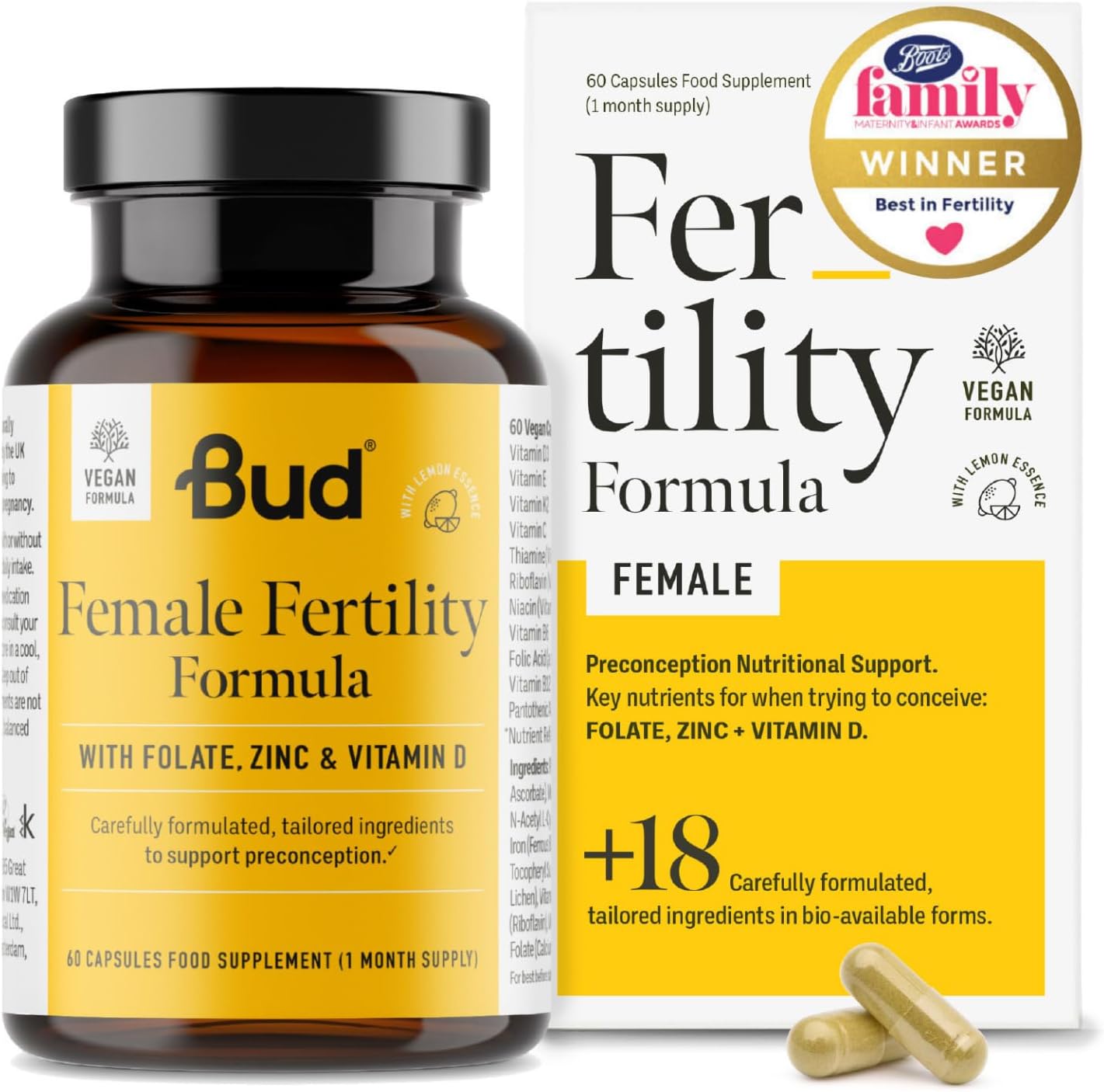 Bud Female Fertility Supplements for Women - Trying to Conceive Vitamins for Women with Folate (Folic Acid), Zinc, Vitamin D and Inositol - Conception Vitamins (60 Capsules)