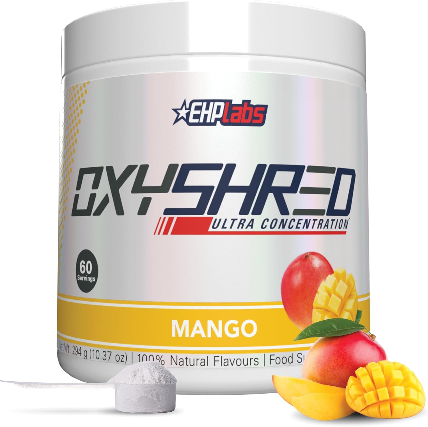 EHP Labs OxyShred Pre Workout Powder - Preworkout Powder with L Glutamine & Acetyl L Carnitine, Energy Boost Drink - Mango, 60 Servings