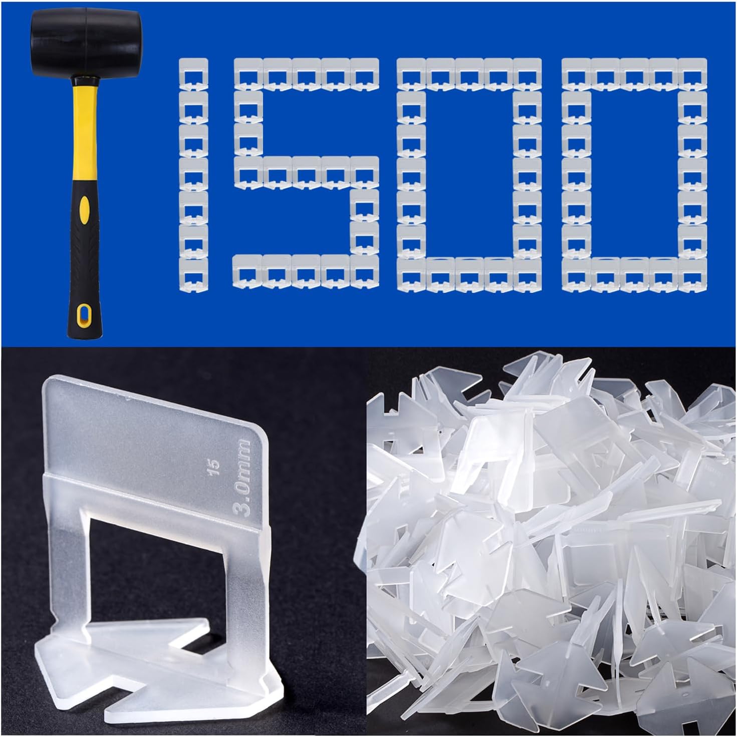 Tile Leveling System Clips Tiles Leveler Spacers Tile Clips 1/8 inch Tile Spacer 1500 Piece and 16 oz Rubber Mallet Hammer .Tile Tools Set for Professional Ceramic and Stone Installation