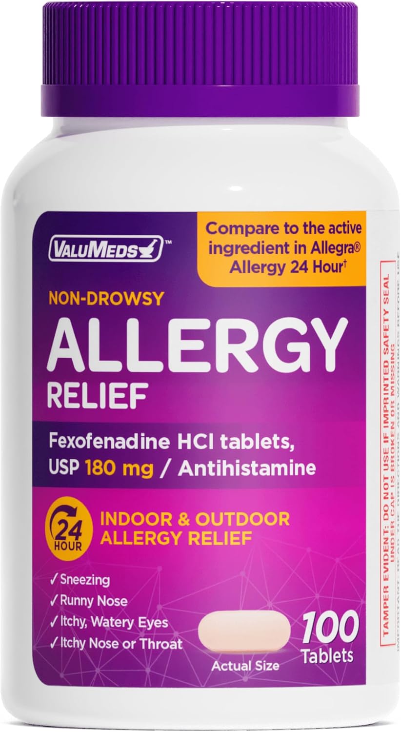 ValuMeds Fexofenadine HCl 180mg | Compare to Allegra | 24-Hour Allergy Relief, Non-Drowsy Antihistamine Generic Medicine for Allergies, Hay Fever, Itchy Eyes | for Kids & Adults (100-Count)