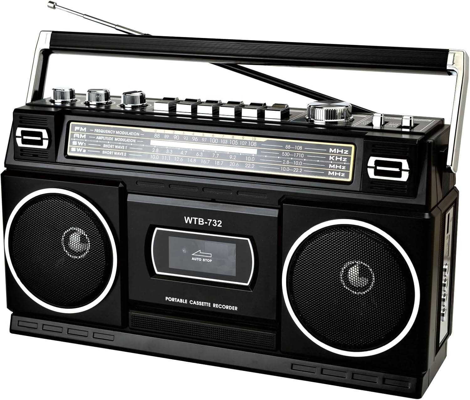 WISCENT Vintage Classic 80s Style Boombox, Cassette Player with Bluetooth, AM/FM/SW Radio, 24W Stereo Speakers, USB/SD Card Slots, Headphone Jack, Black