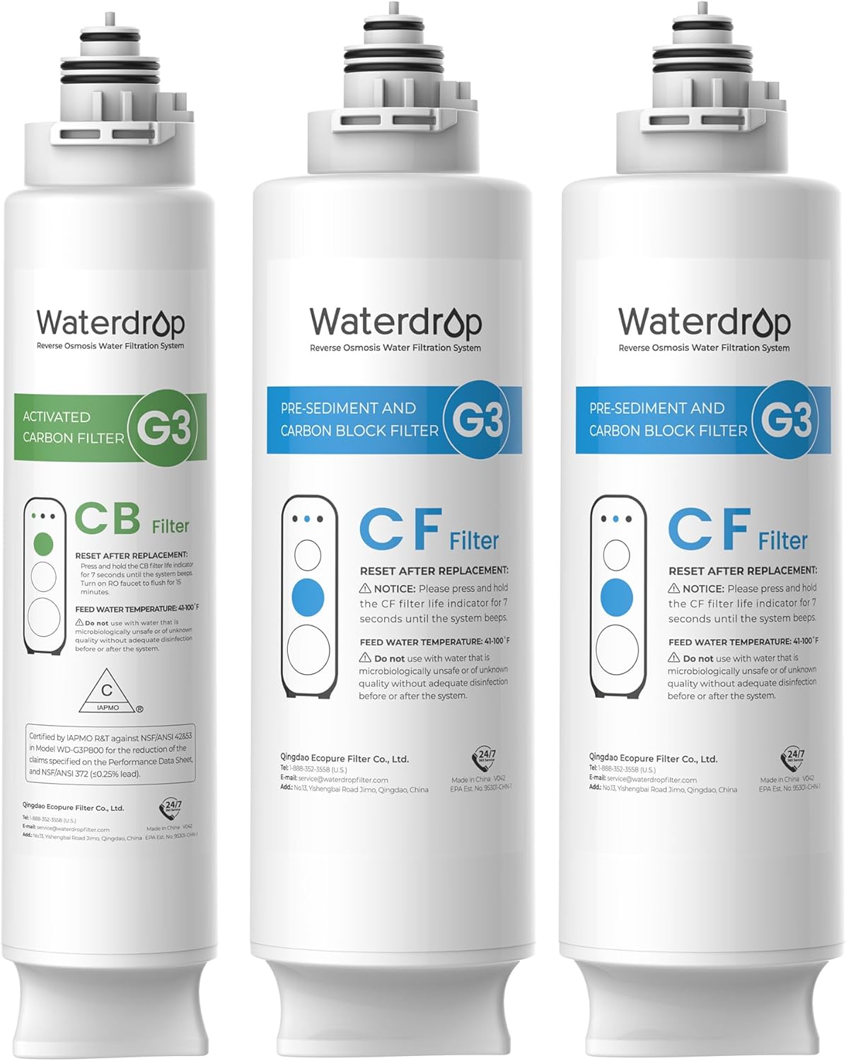 Waterdrop G3 Replacement Filter 1-Year Combo, Pack of 2 WD-G3-CF Filters and 1 WD-G3-CB Filter, Replacement for WD-G3-W, WD-G3P600 and WD-G3P800-W Reverse Osmosis System