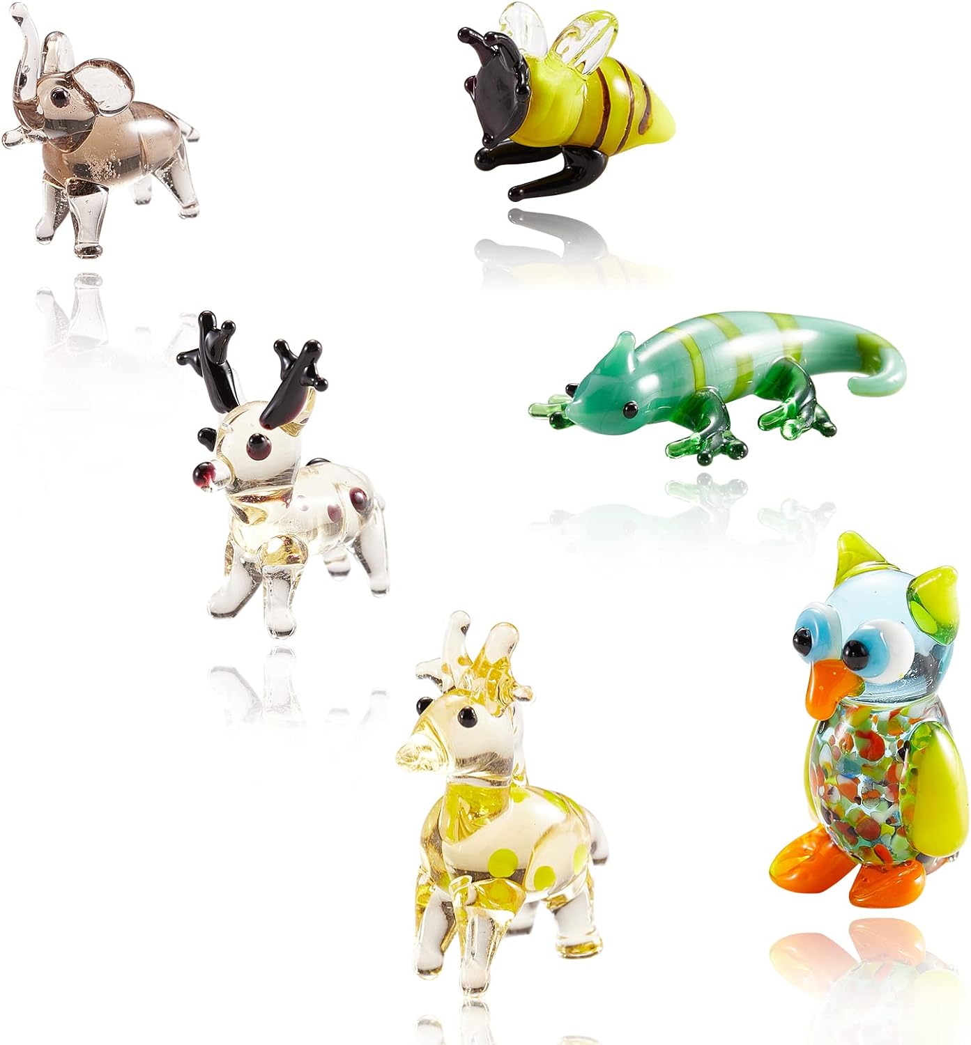 6Pcs Hand Blown Glass Figurines Includes Christmas Reindeer,Birds,Giraffes,Bees,Chameleon,Elephant Glass Figurines for Collectibles, Home Decoration,Gifts