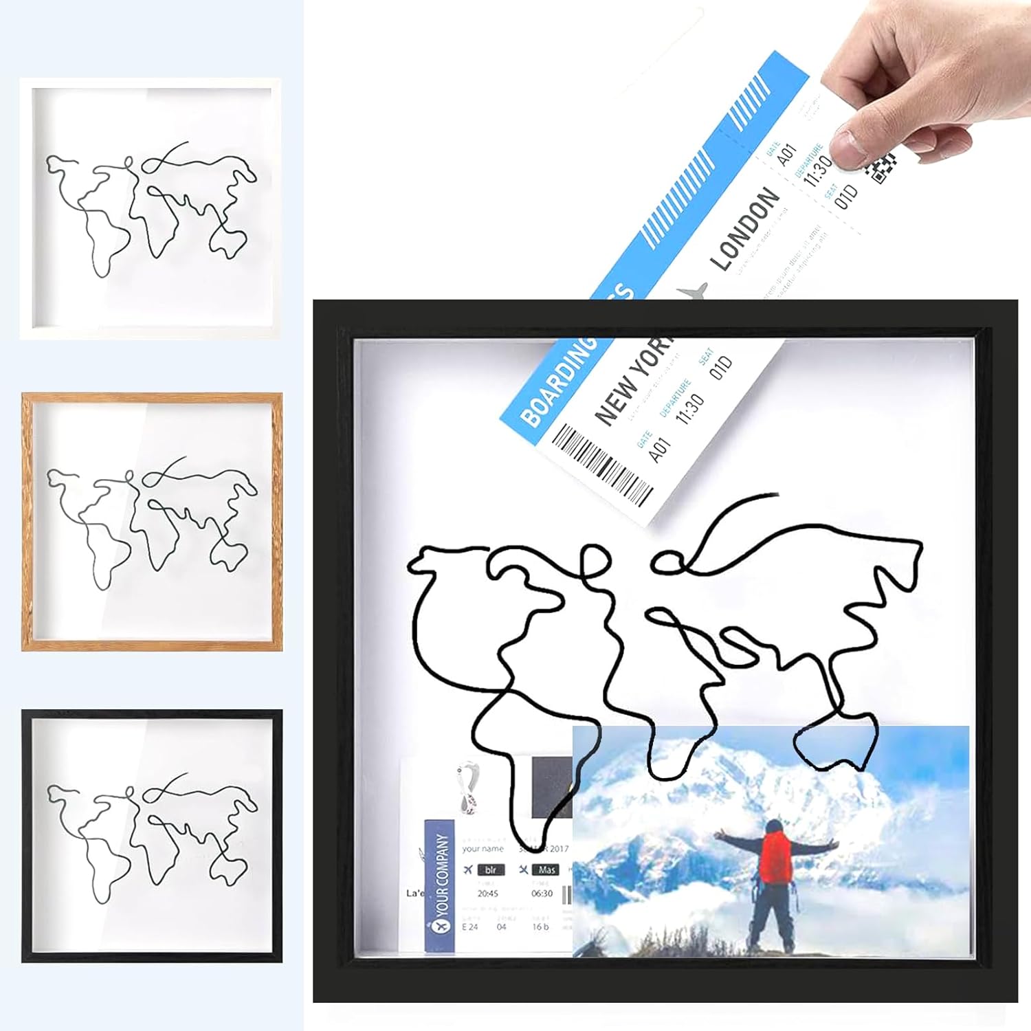 Jastown Large Size Adventure Archive Box,12Inch Black Travel Memory Box with World Map Design,Ticket Shadow Box with Slot,Wooden Creative Keepsake Box,Wood Frame Travel Ticket Box (30 * 30cm)