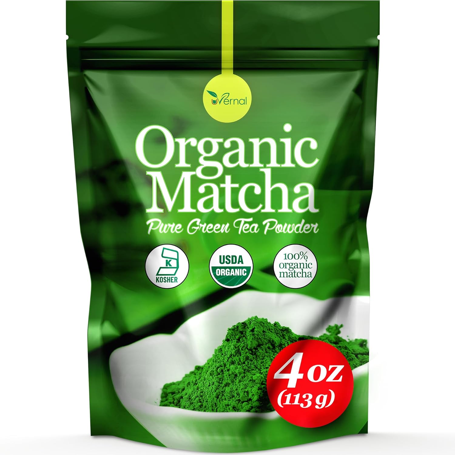 uVernal Organic Matcha Green Tea Powder - 100% Pure Matcha for Smoothies Latte and Baking Easy to Mix - 4oz Kosher Pareve