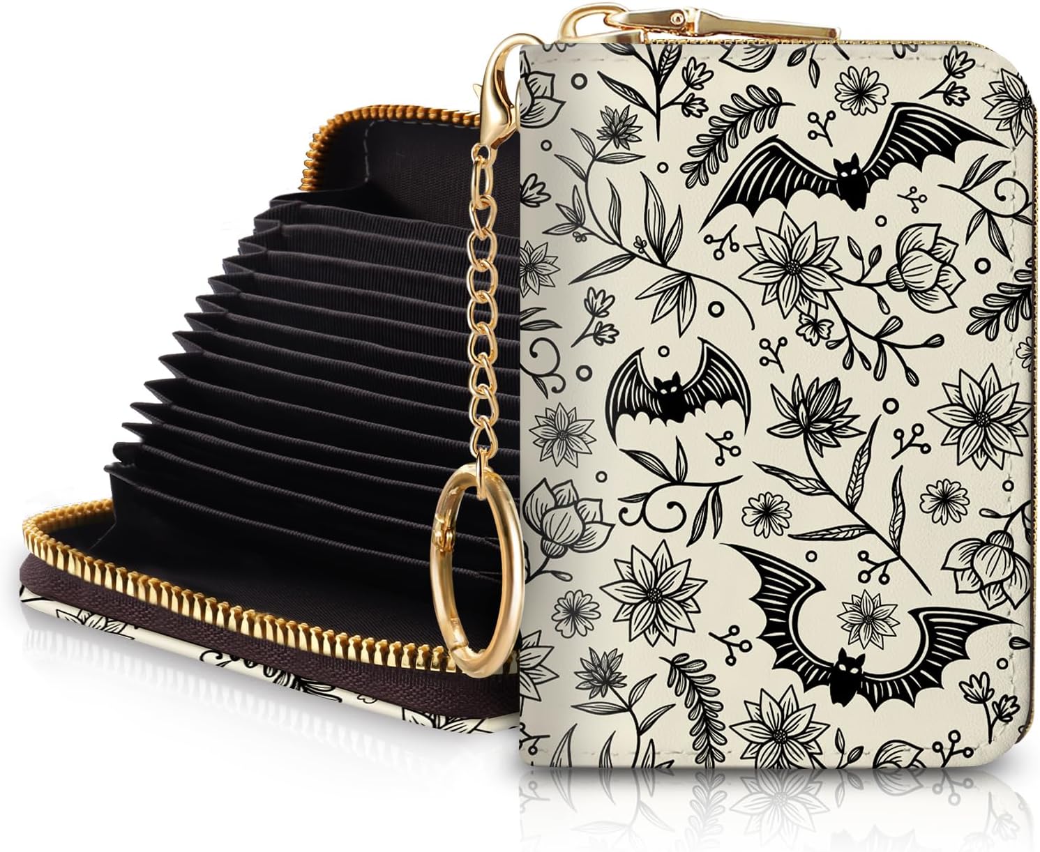 Goth Bat Credit Card Holder for Women, Gothic Floral Small RFID Wallet with Zipper, Card Keychain Wallet, Leather Wallet Card Case, Business Accordion Wallet Gift