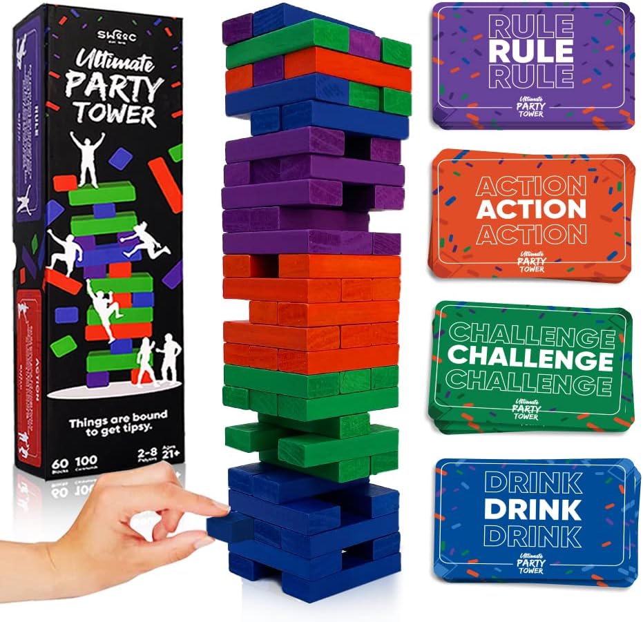 SWOOC Games - Ultimate Party Tower™ - 100 Original Commands, 60 Blocks, & 1000s of Hilarious Rule Combinations - A Tipsy Spin on Fun Classic Games for Power Hour - Ages 21+ - Wooden Tower Blocks Game