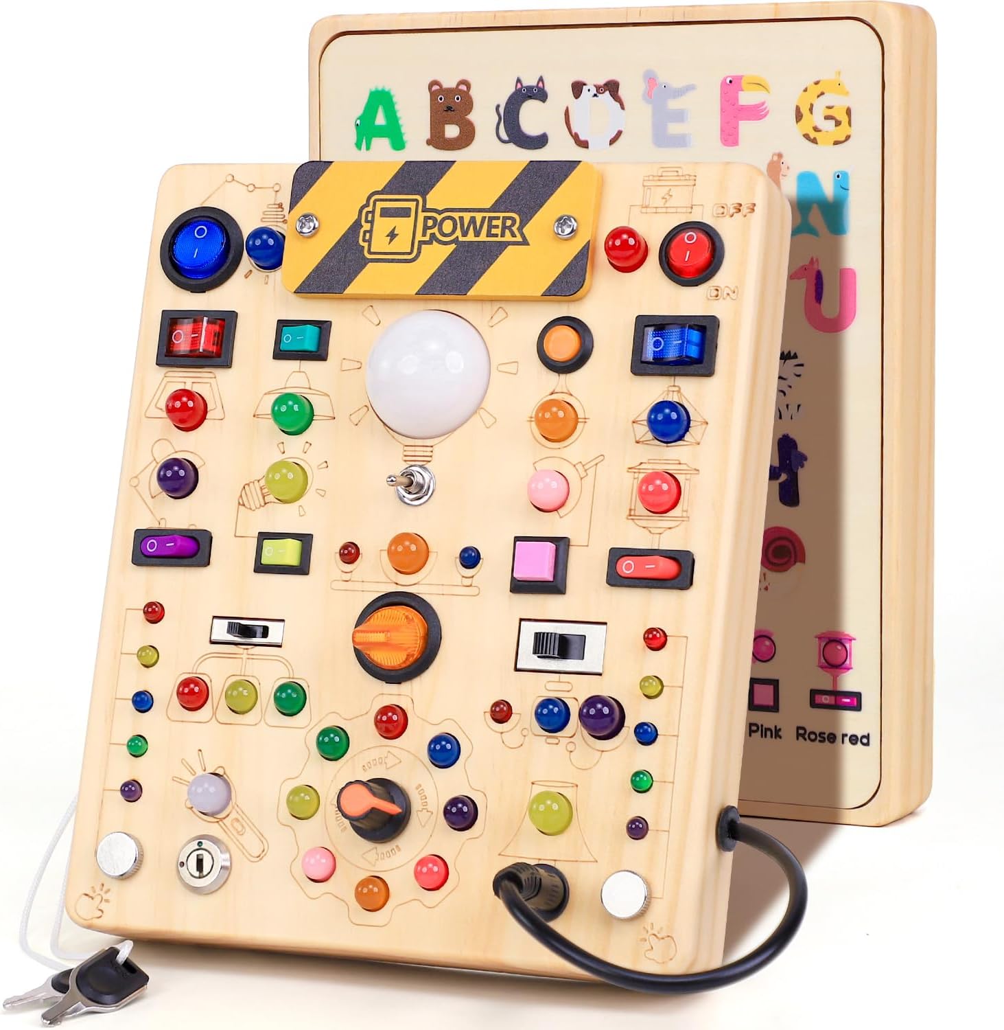 Busy Board with 19 LED Light Switches, Montessori Toys for 1 2 3 Years Old, Wooden Sensory Board, Toddlers Toys Activity Travel Toys for 1 2 3 Year Old Boy & Girl Birthday Gift (Big)