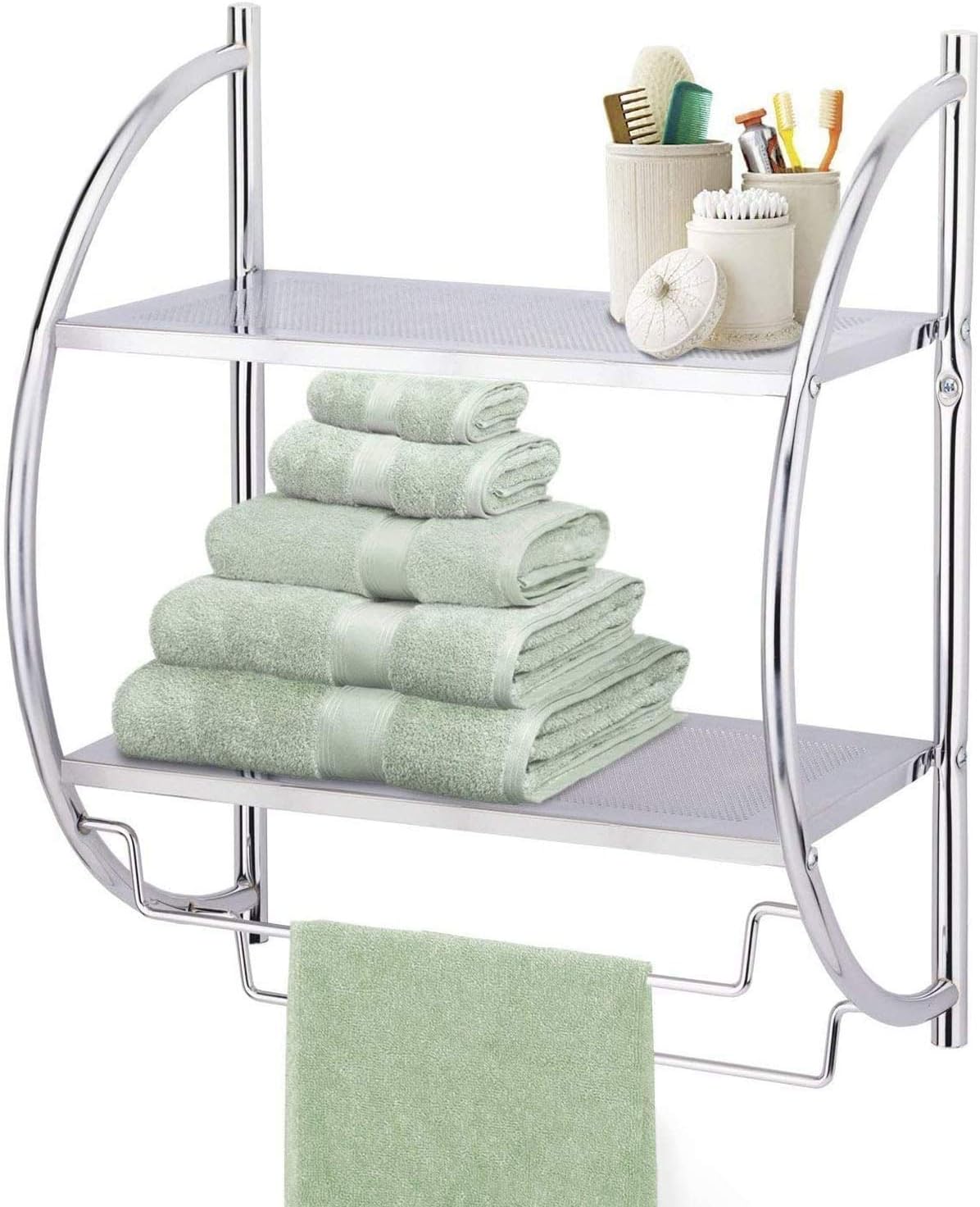 Taylor & Brown 2 Tier Modern Chrome Wall Mounted Curved Bathroom Shelf Shelving Unit With Double Towel Holder Storage Rail Rack - W44 x D25 x H54.5cm