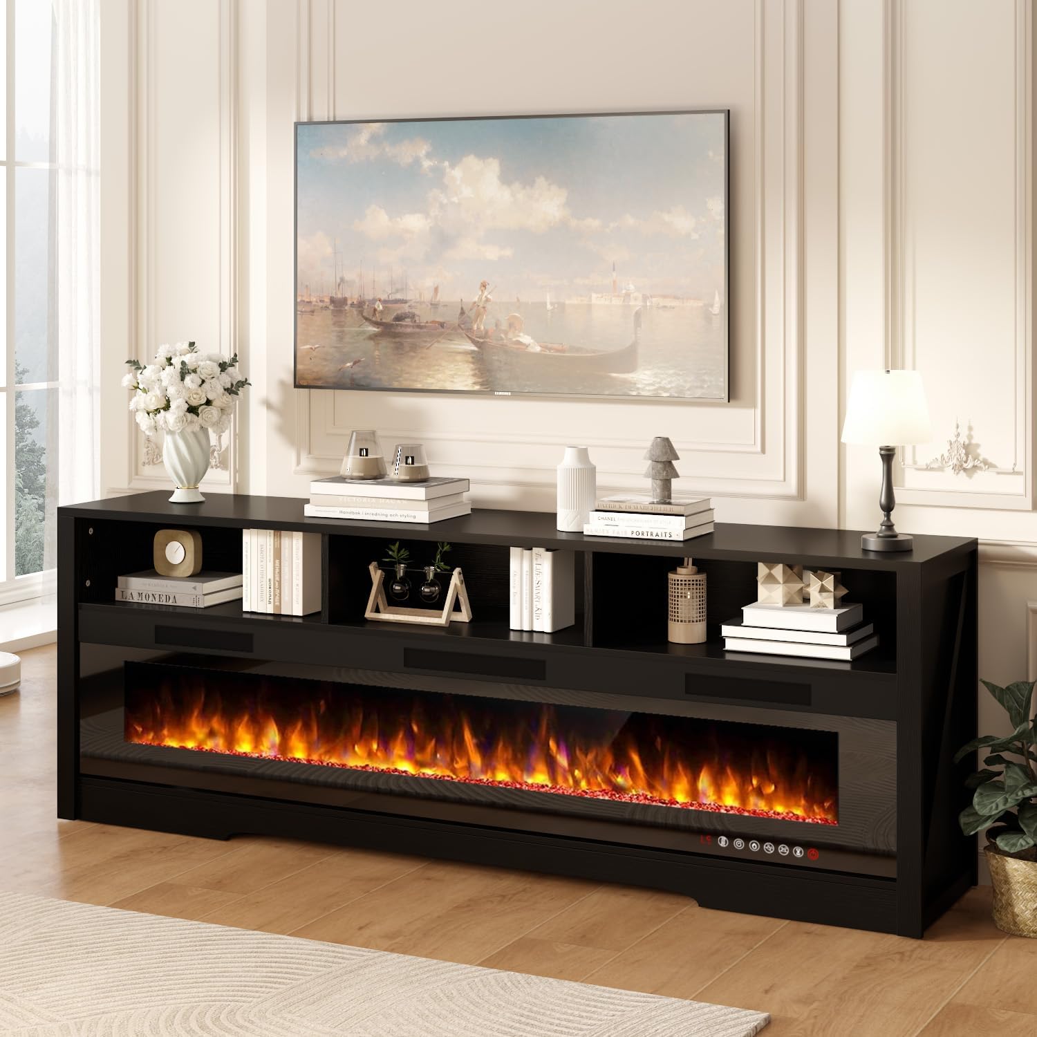 65" Fireplace TV Stand with 60" Glass Electric Fireplace for TVs Up to 75 inch, Modern Fireplace Entertainment Center with Open Storage Shelf, Media Console TV Cabiet for Living Room, Black