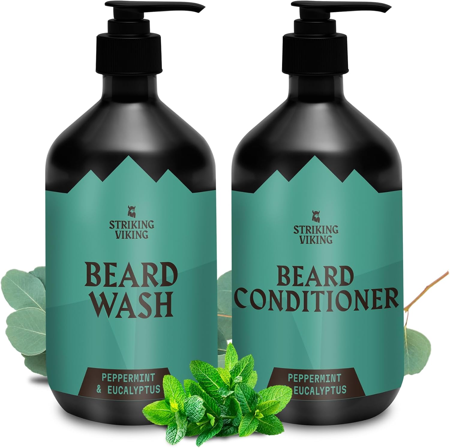 Striking Viking Beard Wash and Conditioner - 2 x 300 ml, Peppermint & Eucalyptus - Deep Cleansing Shampoo for Dry Beard - Infusion with Jojoba & Argan Oils - Paraben Free Shampoo & Conditioner Sets