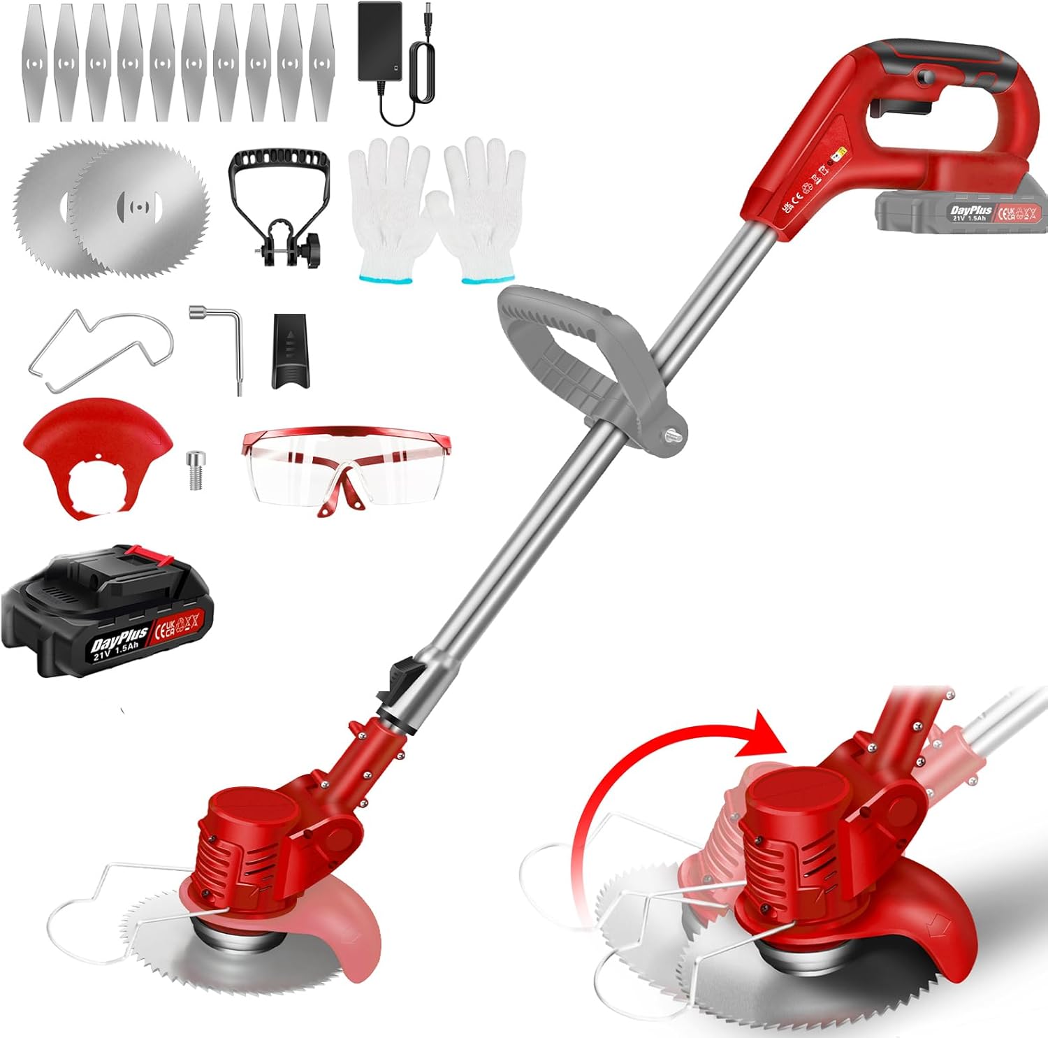 21V Grass Trimmer Electric Cordless Strimmer with Battery, Red Lawn Mower, Pruning Cutter Garden Tools, Telescopic Lightweight Weed Hedge Trimmer Edge Trimmer for Garden Clearing Weeds Flower Trees