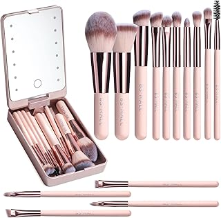 BS-MALL Travel Makeup Brush Set Foundation Powder Concealers Eye Shadows Makeup Set with LED light Mirror 14 Pcs Mini Makeup Brushes (APINK)