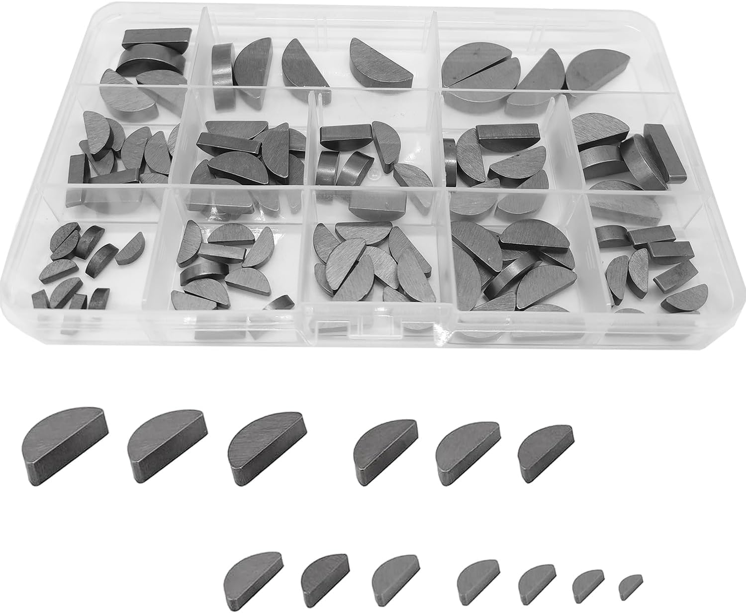 WeqeYent 100 Pcs 13 Sizes Feather Key Assortment, Half Moon Woodruff Key Set, Flywheel Pulley Crankshaft Assortment Kit Fasteners Mechanical Industry