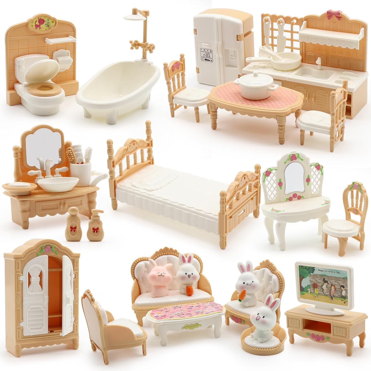 36Pcs Dollhouse Furniture Set Miniature Accessories Pretend Play Furniture for Dolls House 1:12 Scale Bathroom Bedroom Living Room Kitchen Furniture with Bunny for Kids Birthday Christmas(Beige)