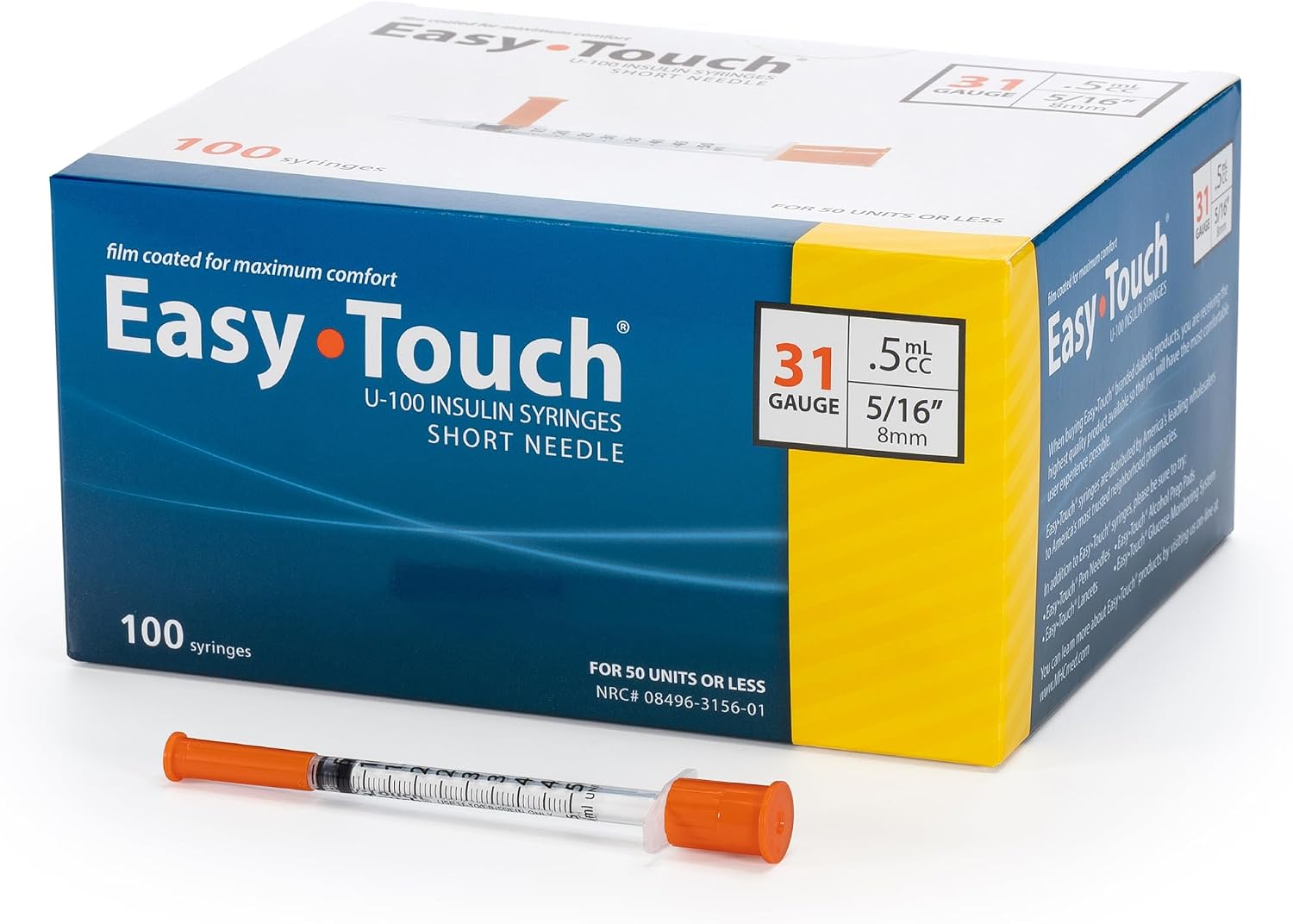 Easy Touch U-100 Insulin Syringes with Needle 31G 0.5mL 5/16" - 100 Count