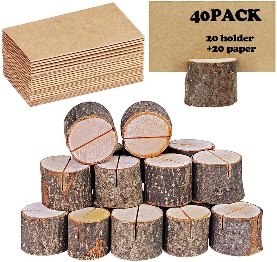 Place Card Holders, Rustic Real Wood with Wooden Bark Table Card Holder, Number Photo Stand Place Name Memo Card Holder for Wedding Party (20 Holders+20 Kraft Paper)