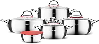 KARACA Stainless Steel Cookware Emirgan XL Set of 10 Piece, Pot, Deep Pot, Casserole, Container with Lid, Easy to Use Stylish Handles, Heat Resistant Cover, Essential Kitchen Accessory