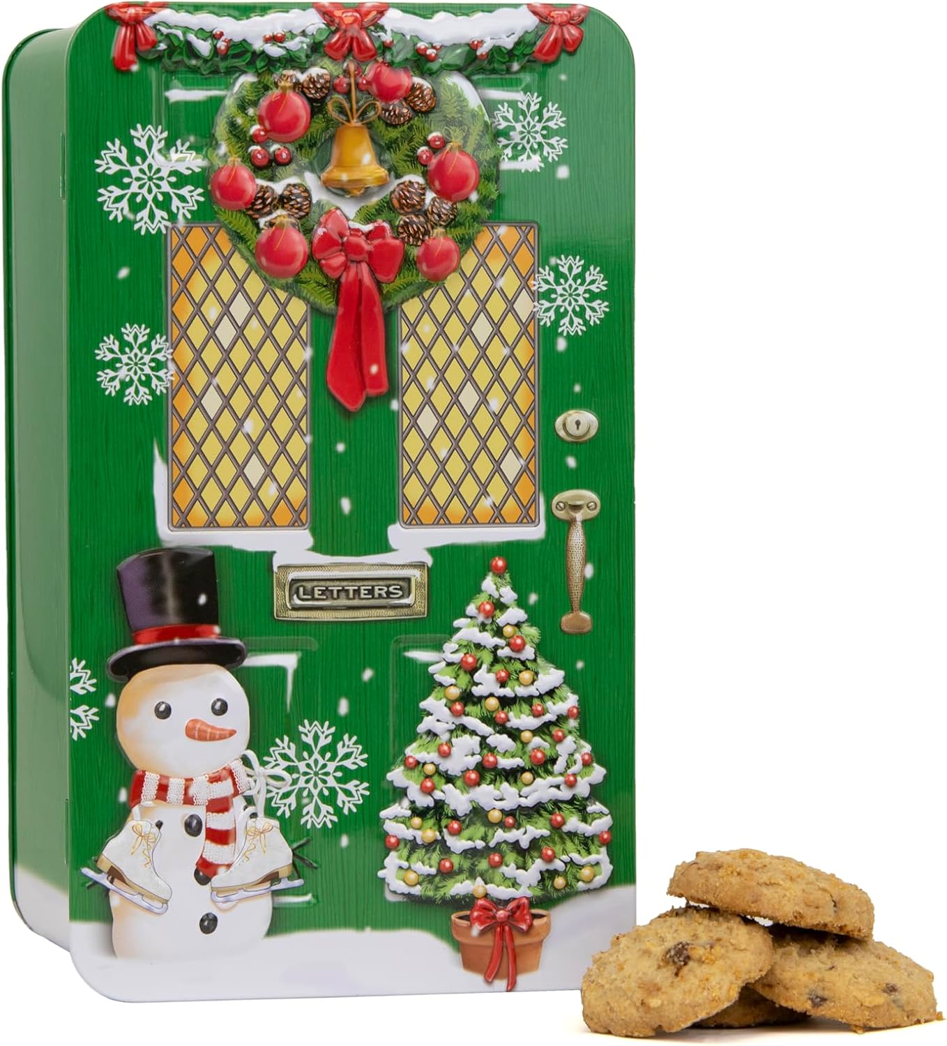 Green Christmas Door Gift Set - Novelty Christmas Biscuits Gift Set Tin Filled with Fancy Chocolate Chip Cookies - Luxury Tins of Biscuits for Women and Men, English Gifts & Presents for Food Lovers