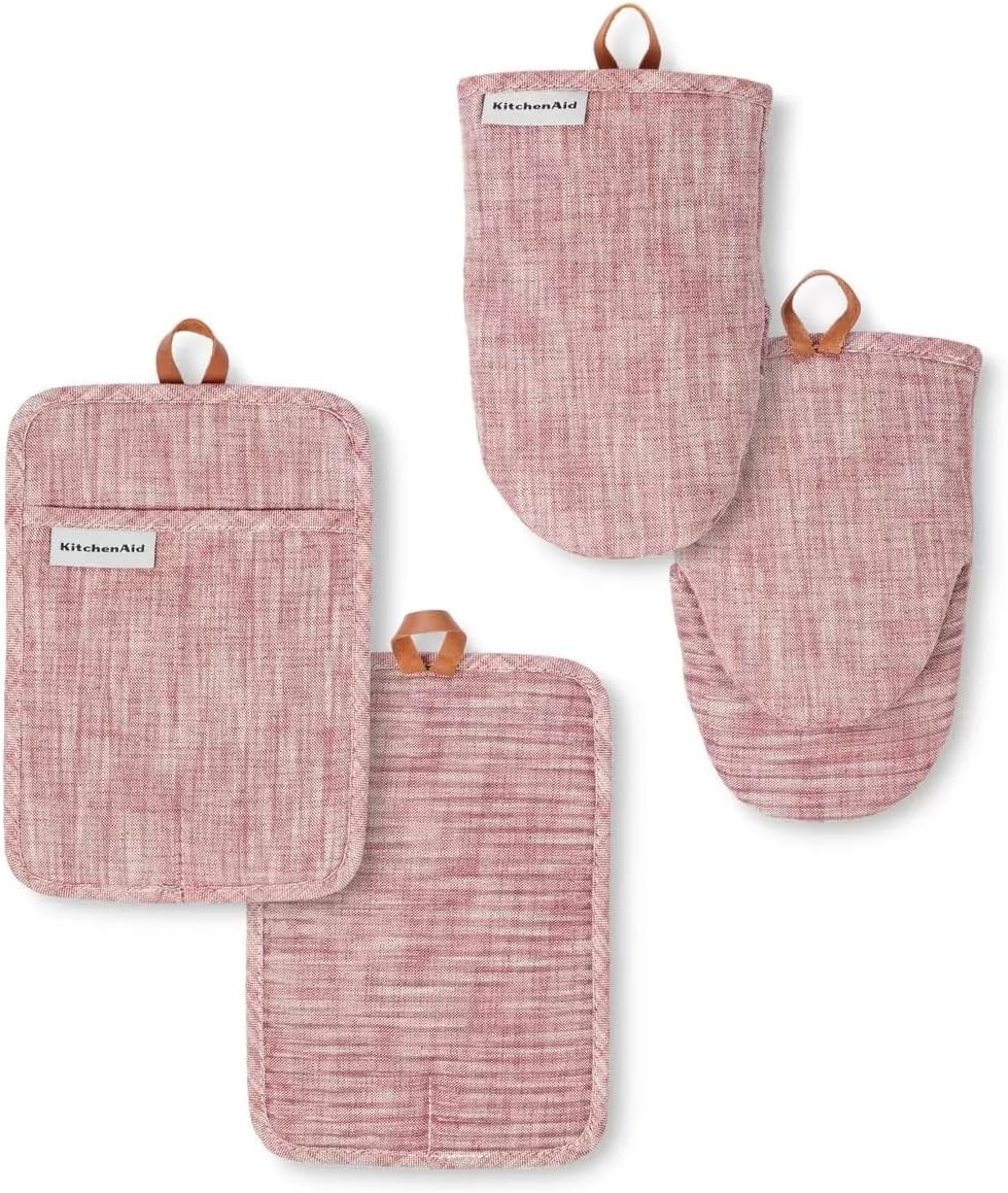 KitchenAid Chambray 4 Pack Pot Holder and Mini Oven Mitt Set Heat Resistent Non-Slip Silicone Grips 100% Cotton (Cherry)