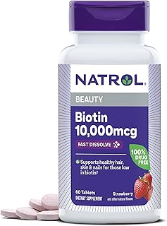 Natrol Beauty Biotin 10000mcg, Dietary Supplement for Healthy Hair, Skin, Nails and Energy Metabolism, 60 Strawberry-Flavored Fast Dissolve Tablets, 60 Day Supply