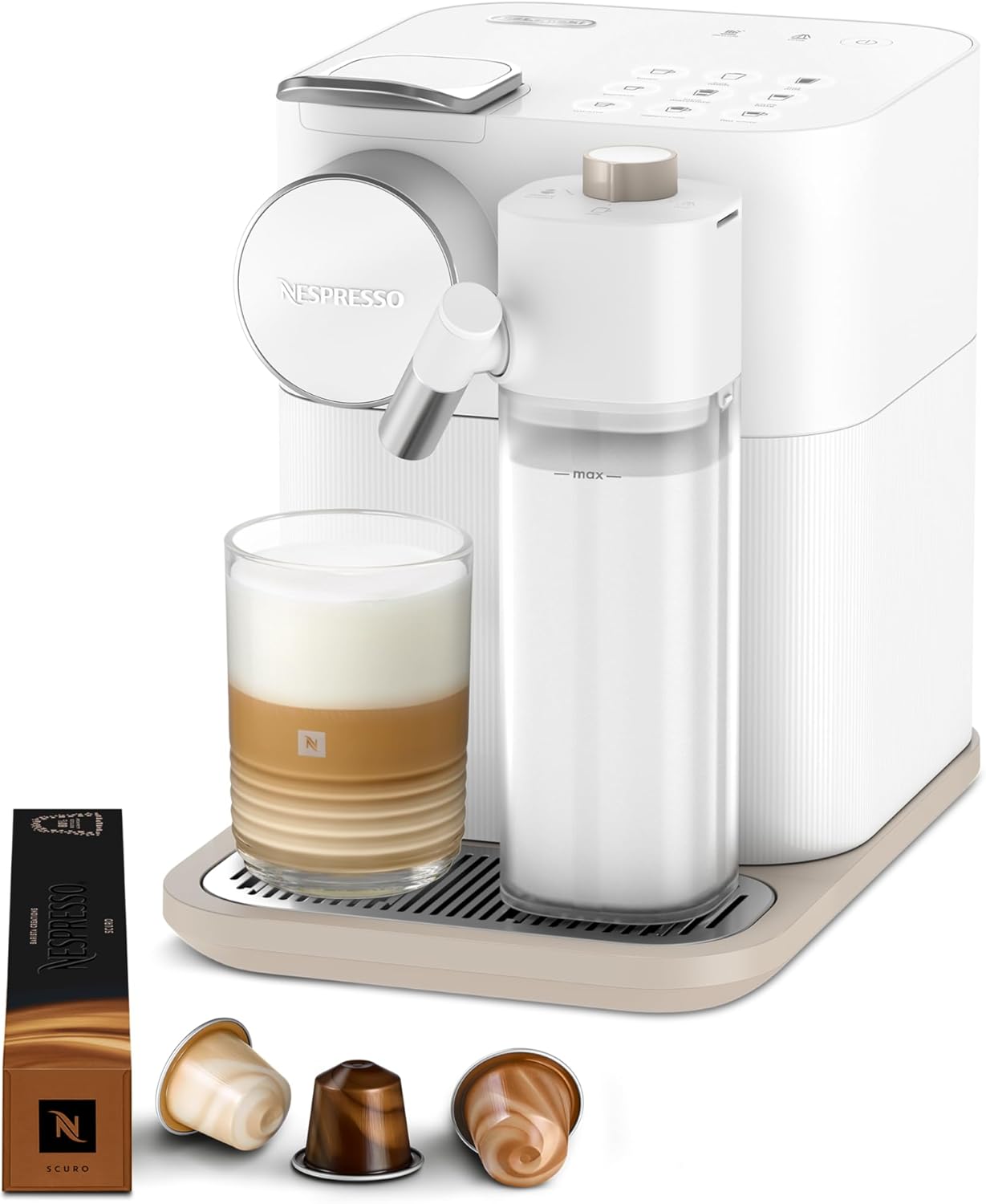 Nespresso Gran Lattissima Coffee Machine by De'Longhi for Original Coffee Pods, Latte, Cappuccino, Integrated Milk Frother, Starter Capsule Set Included, EN640.W, White
