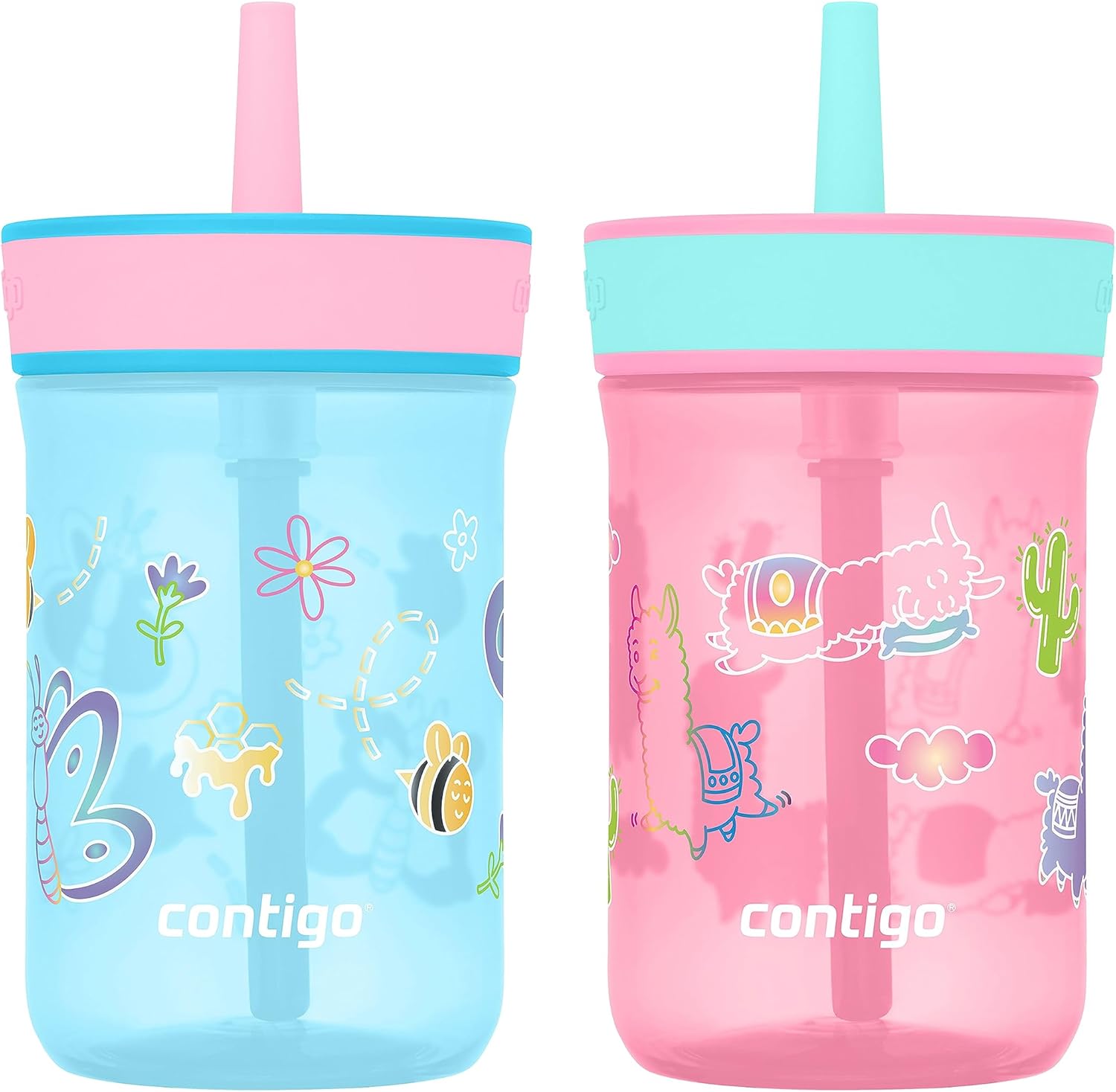 Contigo Leighton Kids Plastic Water Bottles Spill-Proof Tumblers with Straw Dishwasher Safe 14oz 2-Pack in Blue Raspberry/Butterflies & Azalea/Llamas Themes - Ideal for Toddlers and Older Kids