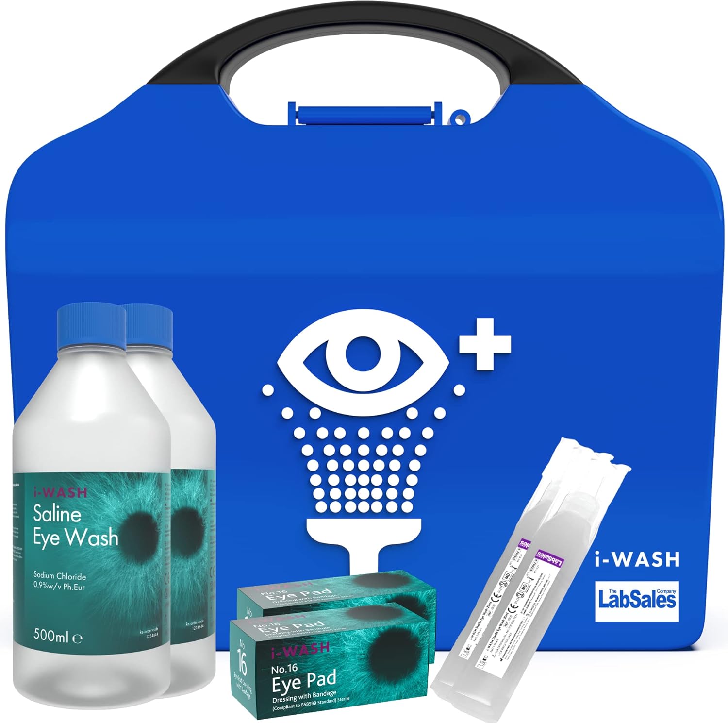I-Wash - Double Emergency Eye Wash First Aid Kit Station with Two Sterile 500ml Saline Bottles, Eye Pads and 20ml Eyewash Pods, Bright Stand Out Wall Mounted Box Made from 100% Recycled Plastic
