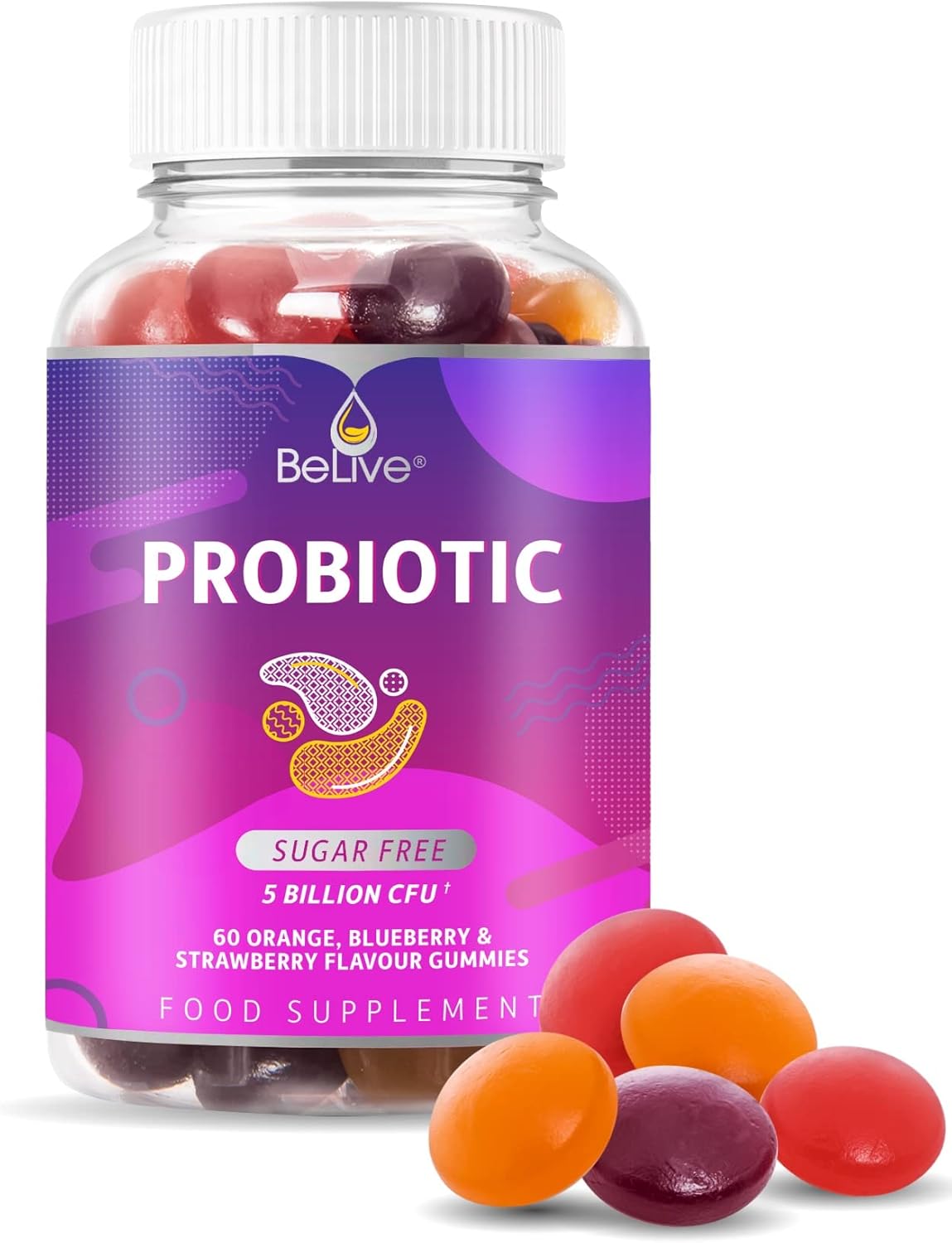 BeLive Probiotic Gummies - Probiotics with 5 Billion CFUs for Digestive Health, Men, Women & Kids - for Immune Support, Sugar Free & Vegan | 60 Ct – Blueberry, Strawberry & Orange (60 Count)