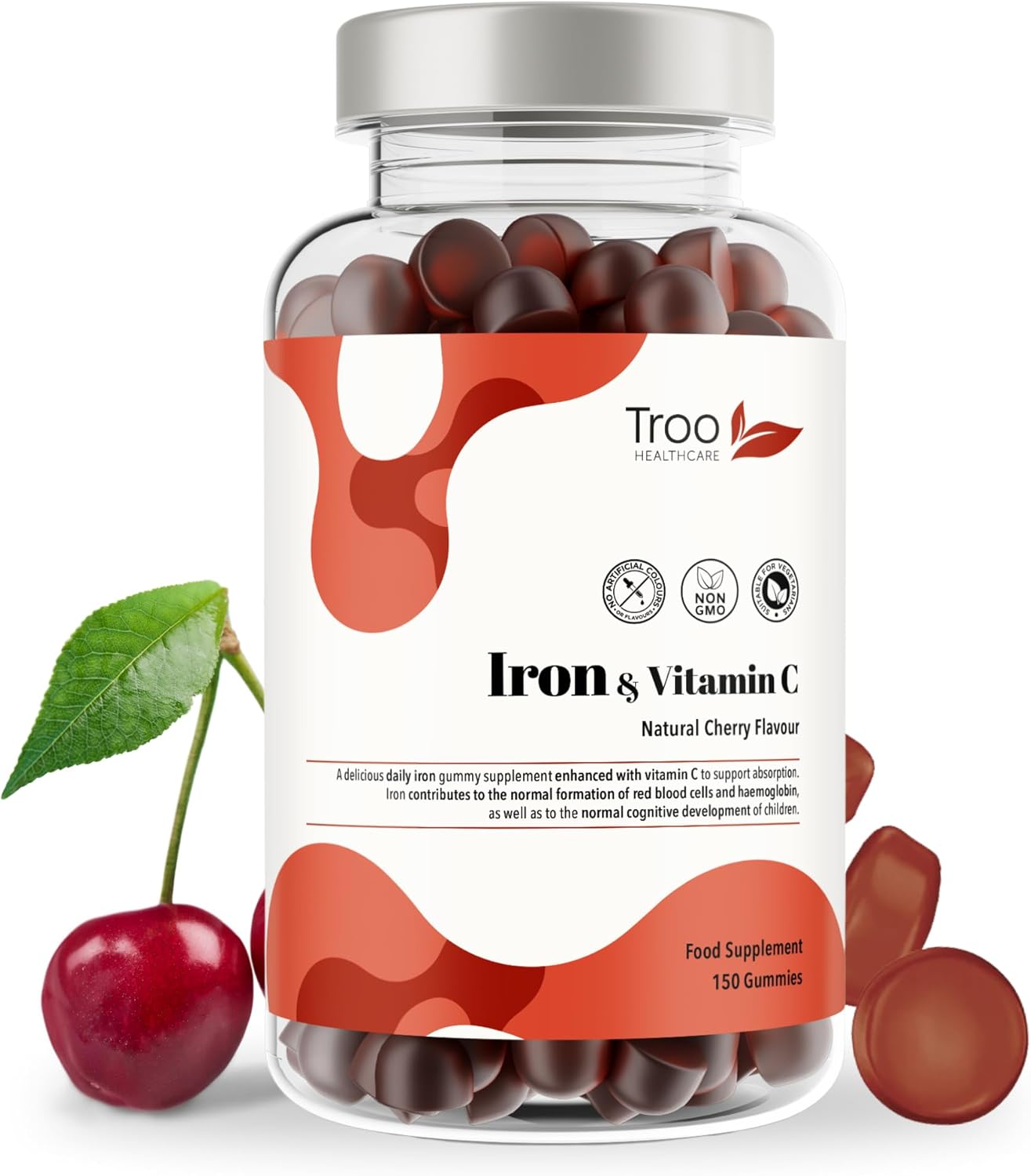 Troo Health Care Iron & Vitamin C - 150 Natural Cherry Flavour Gummies - Tasty Chewable Supplement for Men, Women and Kids - Increased Absorption Supports Cognitive & Red Blood Cell Formation