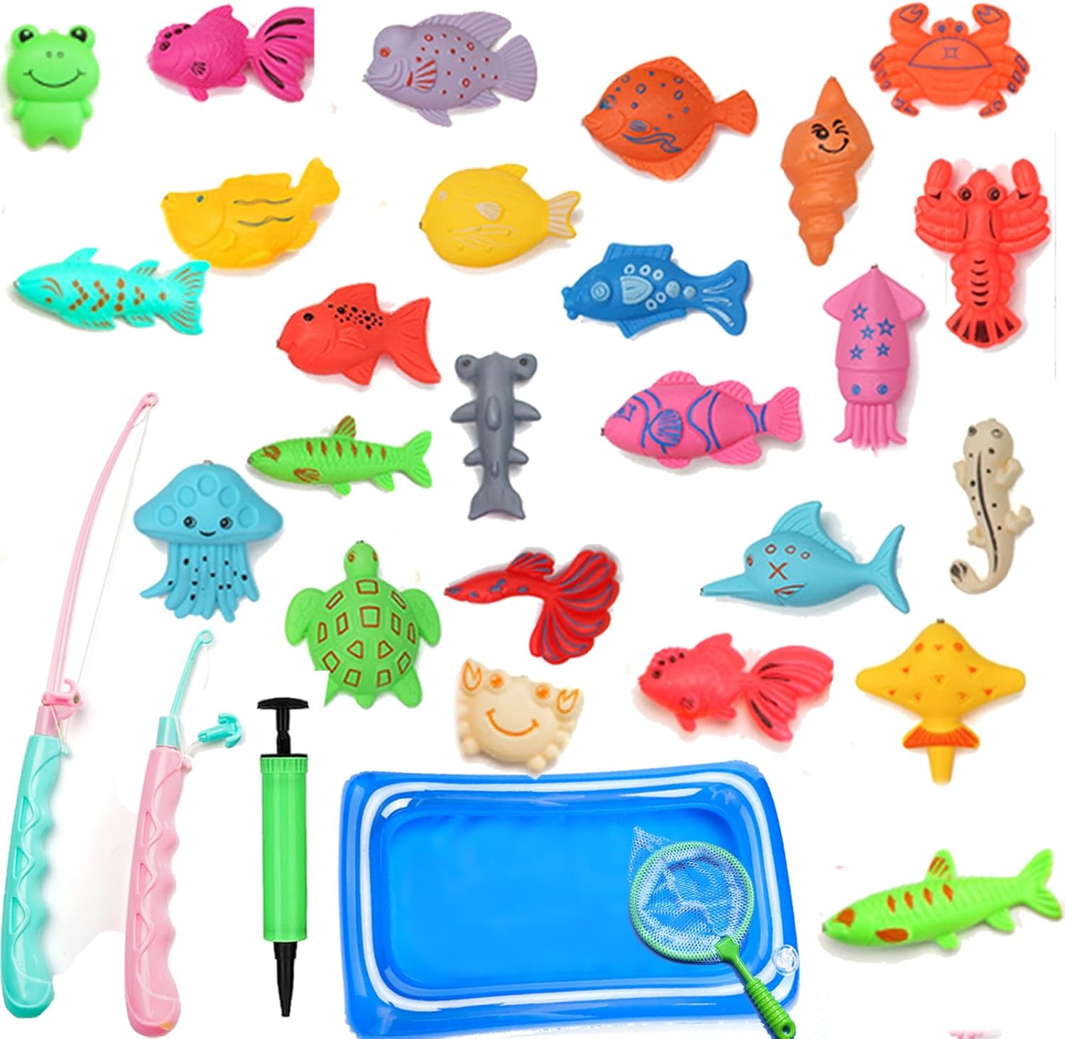 Hook A Duck Game, Kids Fishing Rod And Fishing Toy Set For Outdoors, Includes 25 Double-Sided Fish, Fishing Net, Inflatable Pool, And Pump, Perfect For Bath Time, Pool Parties, And Educational Play