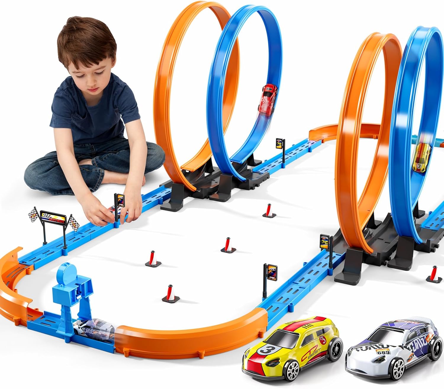 Slot Car Games Race Cars Toys for Boys Kids Age 5-7, Toy Cars Track Set with 4 Slot Cars, Loops and Circular Track, Slot Car Race Track Sets for 3 4 5 6 7 8+ Year Old Boy Girl Birthday Gifts